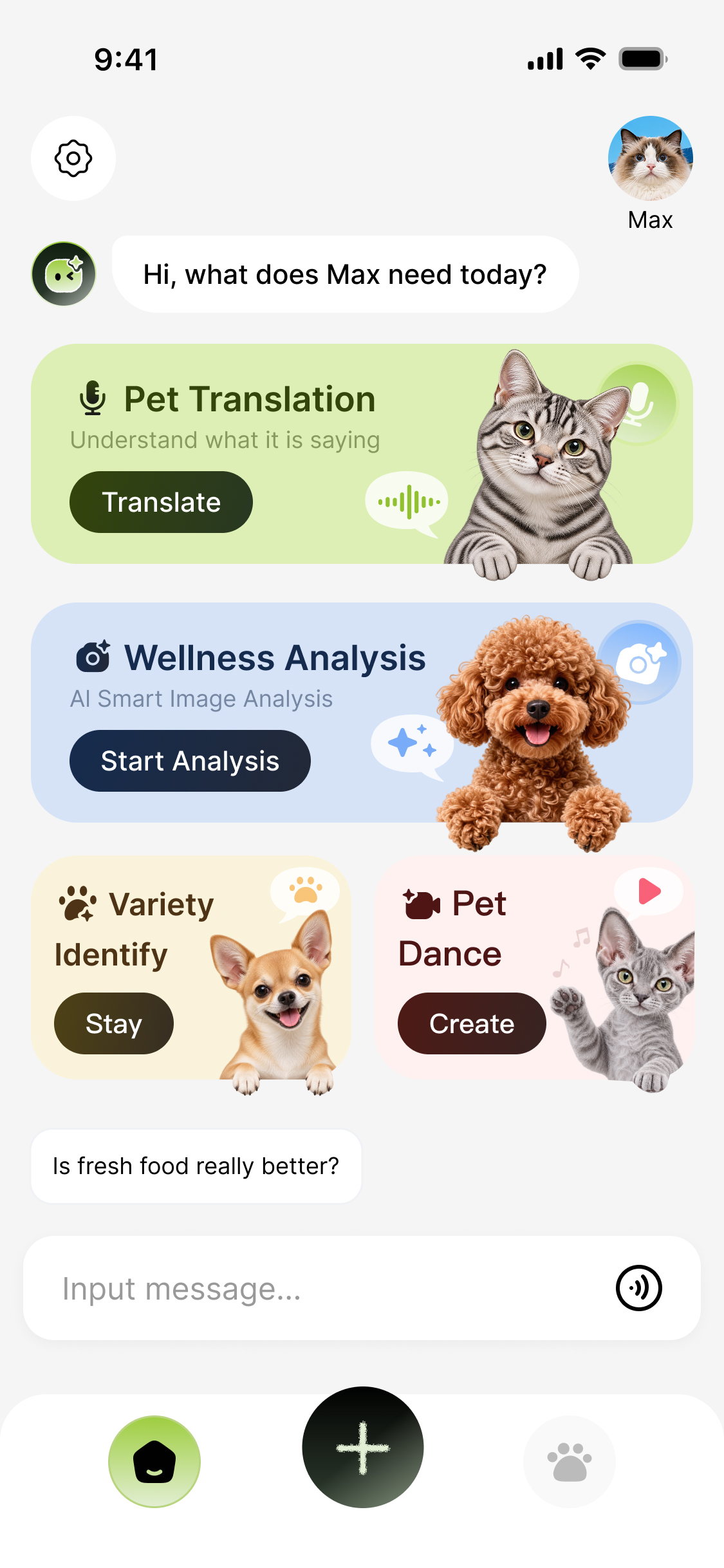 PetMira home screen with pet translation and daily care tools