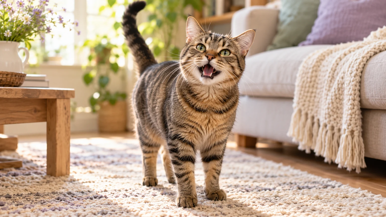 A tabby cat meowing in a sunny living room