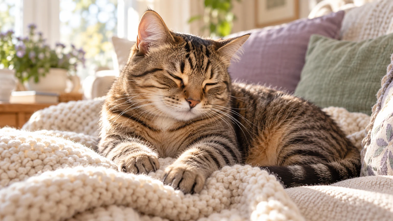 A relaxed cat resting at home