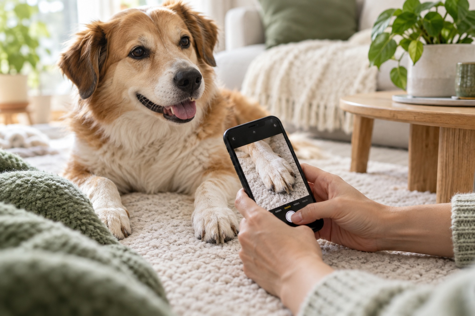 A pet parent recording a dog’s paw with a phone
